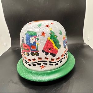 Vntge Candle Holding Glow Dome Christmas Santa & Train. Ceramic 2 Piece
